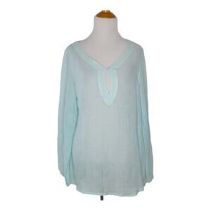 Eileen Fisher Linen Blouse Blue Sheer Keyhole Neck Long Sleeve Medium